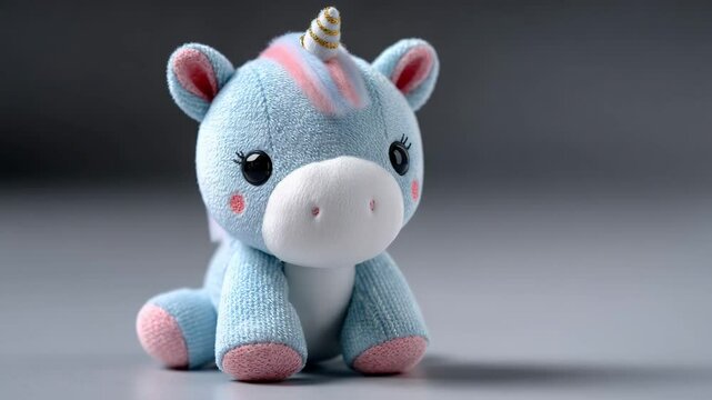 Blue-striped unicorn plush toy in cool ambient light, ideal for playroom decor &ndash; Video 4K UHD 60 fps