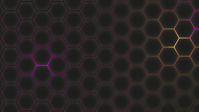 Black background of hexagons or polygons with moving lights