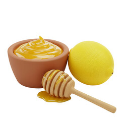 Digital illustration of honey in a bowl, next to a lemon, and a wooden honey dipper. The image highlights the yellow hues and textures of the food items.
