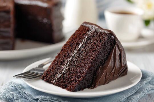 Delicious slice of rich chocolate cake on a plate.