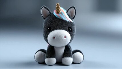 Contrasted black unicorn doll on soft blue background with cozy studio vibe – Video 4K UHD 60 fps - Powered by Adobe