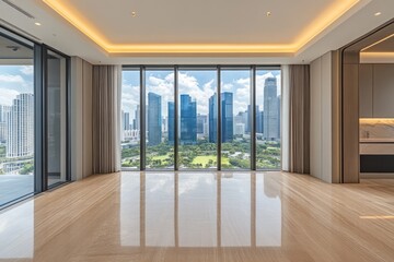 Obraz premium Spacious modern interior with city view.