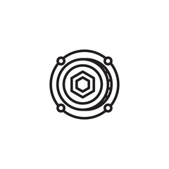 A line art icon featuring a hexagon enclosed within concentric circles and four smaller circles positioned around the outer ring, possibly representing a cryptocurrency or technology.