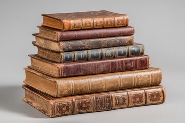 Stacked vintage books in varied leather and colors.