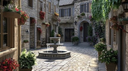 Fototapeta premium Italian Courtyard with Fountain, Sunlight and Flowers, Stock Photo