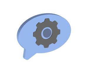 Simple 3D illustration of a speech bubble with a gear inside.