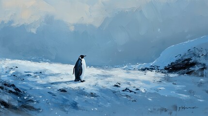 Penguin is standing on a snowy field. The sky is cloudy and the penguin appears to be alone
