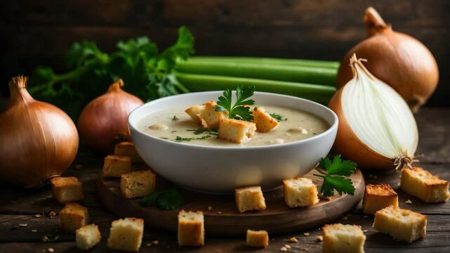 Cream of onion soup in a white bowl, topped with whole celery and a slice of onion.