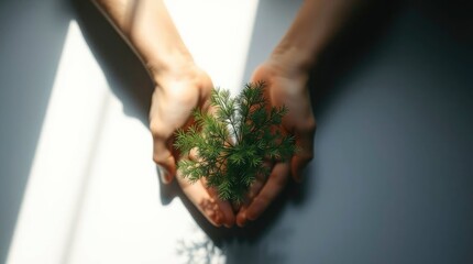 Holding Small Conifer Plant in Hands Representing Care and Growth