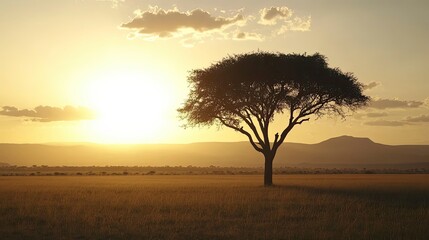 Tree stands in a field with a beautiful sunset in the background. The sky is filled with clouds