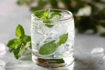 Refreshing beverage glass with ice and mint.