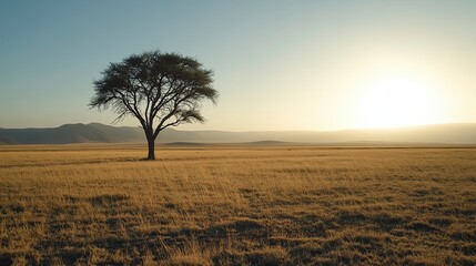Lone tree stands in a vast, empty field. The sky is clear and the sun is setting