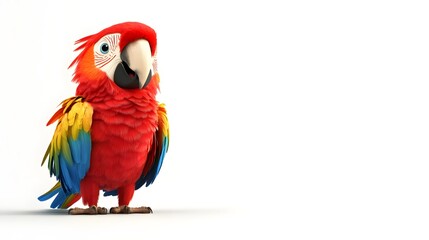 Fototapeta premium A cheerful 3D cartoon parrot with vibrant colorful feathers standing on a white background for fun tropical bird illustrations