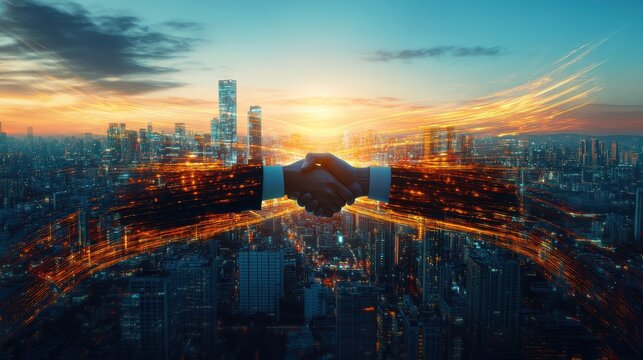 Global business partnerships in modern cityscapes fostering network growth and technological advancement with strategic alliance horizons