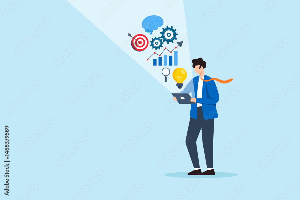Poster flat illustration of businessman discovering insight with tablet projecting data visualization brain