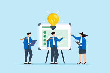Flat illustration of business team brainstorming with checklist whiteboard and lightbulb representing collaboration and creative planning strategy