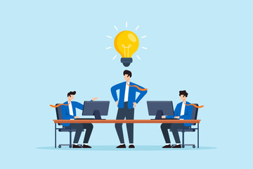 Flat illustration of confident businessman sharing bright idea during team meeting with lightbulb symbolizing innovation and leadership in office workspace
