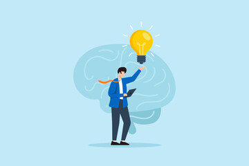 Obraz premium Flat illustration of businessman raising bright lightbulb while holding tablet in front of large brain symbolizing creative thinking and innovation in digital brainstorming