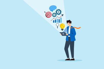 Flat illustration of businessman discovering insight with tablet projecting data visualization brain target gears chart and glowing lightbulb as business solution concept