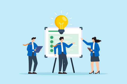Flat illustration of business team brainstorming with checklist whiteboard and lightbulb representing collaboration and creative planning strategy