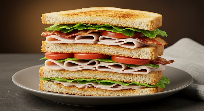 A delicious club sandwich, layered with turkey, bacon, lettuce, and tomato on toasted bread, ready to eat.