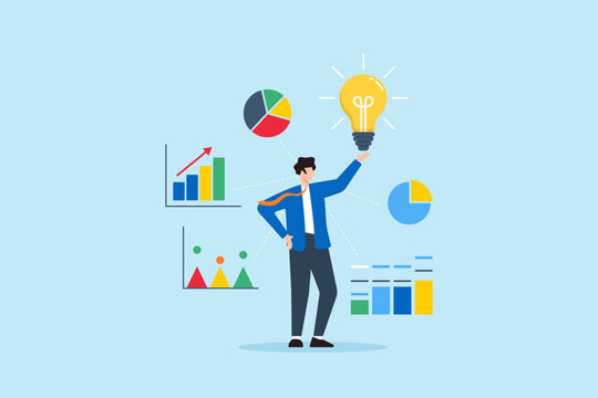 Flat illustration of confident businessman sharing bright idea with lightbulb surrounded by colorful charts and infographic elements representing business strategy and analysis