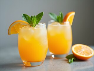 Brazil independence Day, elegant glasses of citrus cocktails with ice and mint, decorated with orange slices, gray background, vertical banner