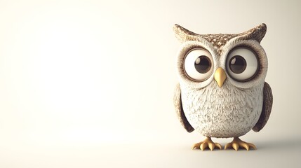 Obraz premium Cheerful 3D Cartoon Owl with Big Eyes on White Background for Children's Art