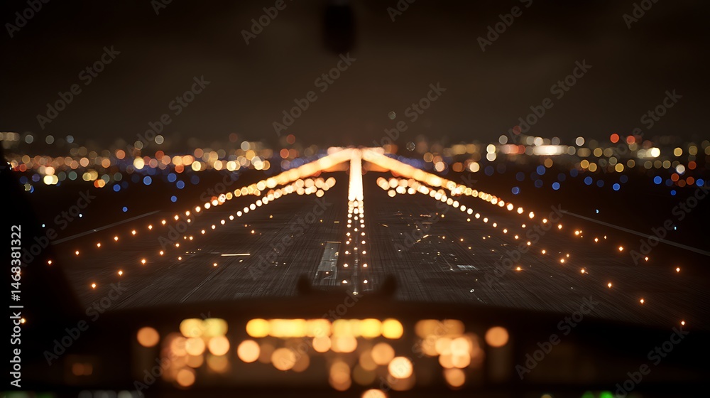 Poster a nighttime landing from the perspective of a cockpit approaching a runway, the runway lights should
