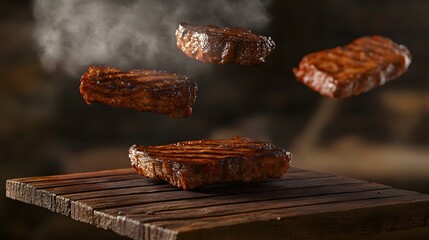 Delicious Grilled Steak Composition Floating with Spices on Black Background for Menus