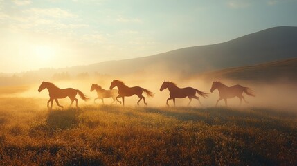 Silhouette of several dark-colored horses running across a golden field, bathed in soft morning light. Misty mountains rise in the background