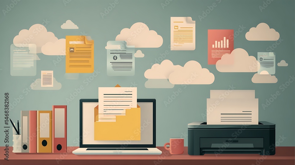 Aufkleber a organized office workspace, a laptop displaying a digital filing system, and a scanner digitizing 