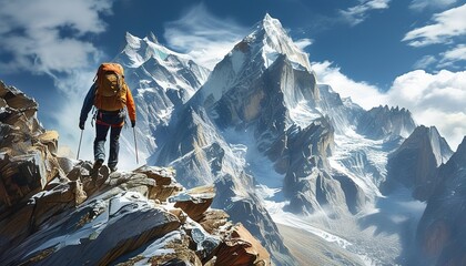 Fearless climber reaching for the sky, epic journey through majestic snow-covered mountains