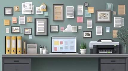 A organized office workspace, a laptop displaying a digital filing system, and a scanner digitizing papers into cloud storage, floating icons represent categories like invoices, contracts, financial