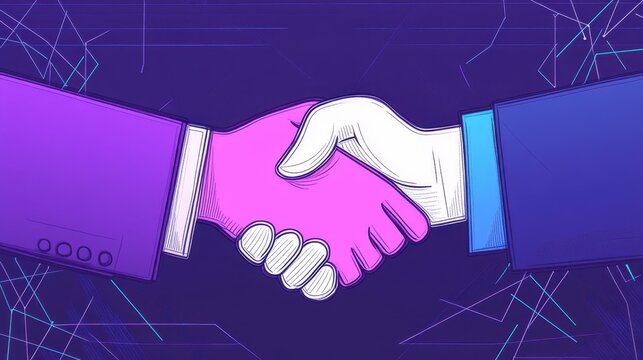 Abstract artistic digital handshake symbolizing partnership and collaboration in a futuristic tech driven business environment