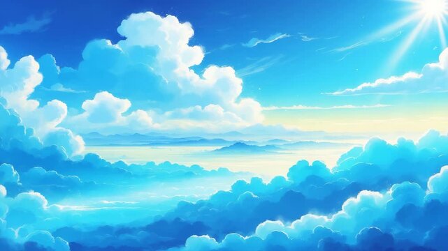 Sunny blue sky featuring a gradient of clouds and a soft backdrop. Stunningly clear clouds illuminated by bright sunlight in a peaceful setting. A vivid cyan scene observed.