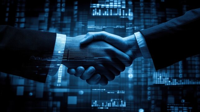 Digital business handshake represents partnership agreement or technology collaboration in futuristic virtual cyberspace environment