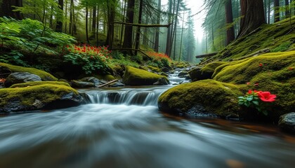 Serene forest stream flowing over mossy rocks