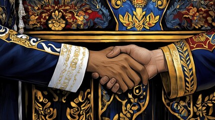 Fototapeta premium Opulent handshake with ornate fabrics emphasizing heritage and respect in a refined agreement with a touch of luxury