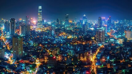 Obraz premium Nighttime cityscape view of illuminated modern high-rise buildings.