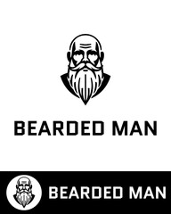 Stylish black and white logo featuring a bold, modern illustration of a bald male figure with a thick beard and mustache