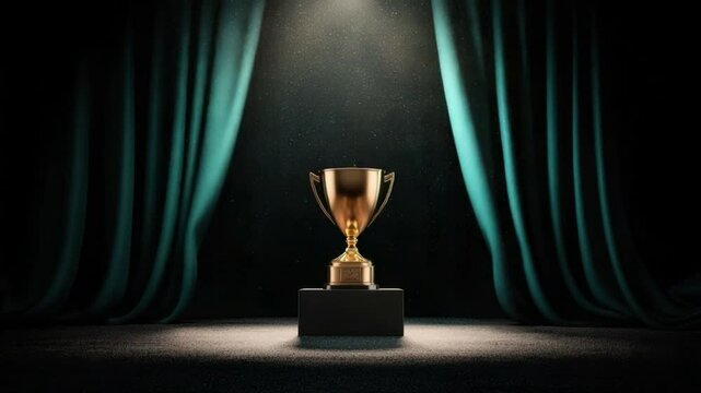 Golden Trophy on Black Pedestal Under Spotlight with Dark Curtains in Background for Achievement and Success Concepts 4k video footage