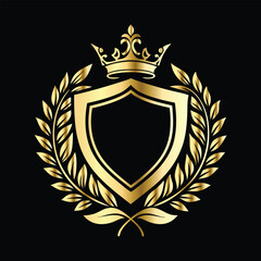 Obraz premium Golden heraldic shield with crown. Heraldic Coat of Arms decorative logo isolated vector illustration. Luxury golden laurel wreath heraldic emblem template vector illustration.Heraldic Coat of Arms de