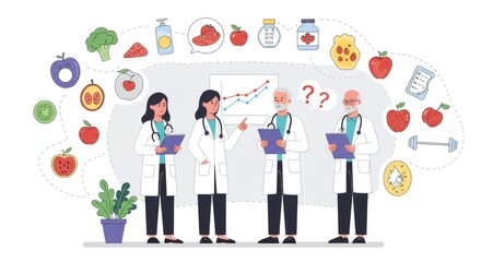 Team of doctors discussing healthy lifestyle choices and nutritional habits