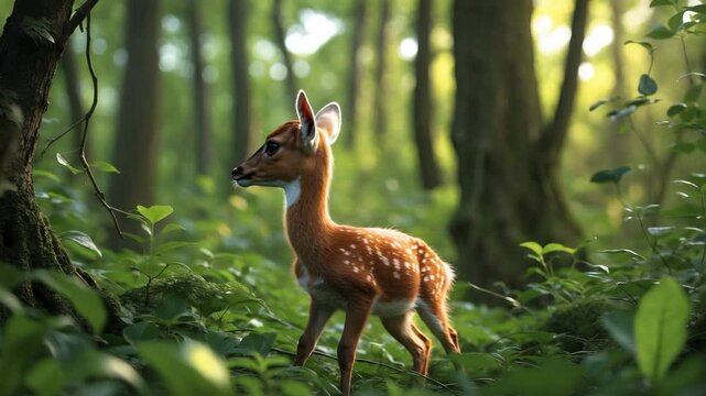 Vertical video showcasing a charming baby roe deer in the woods. Natural creature.