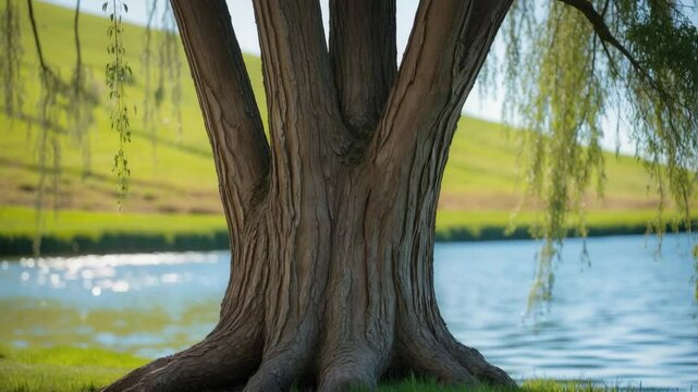 Willow tree trunk next to reflective water and a pathway. Clear parallel lines.