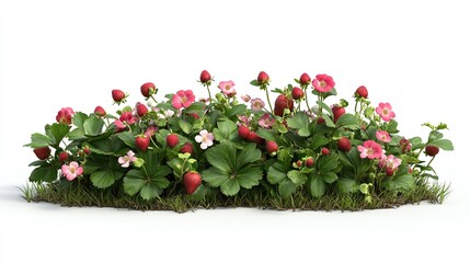 Lush strawberry patch with vibrant flowers and fresh berries