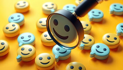 Conceptual depiction of consumer sentiment analysis using smiley emoticons and magnifying glass