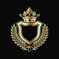 Fototapeta premium Golden heraldic shield with crown. Heraldic Coat of Arms decorative logo isolated vector illustration. Luxury golden laurel wreath heraldic emblem template vector illustration.Heraldic Coat of Arms de