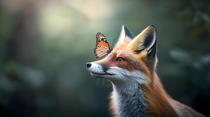Obraz premium Red Fox With Butterfly In Forest